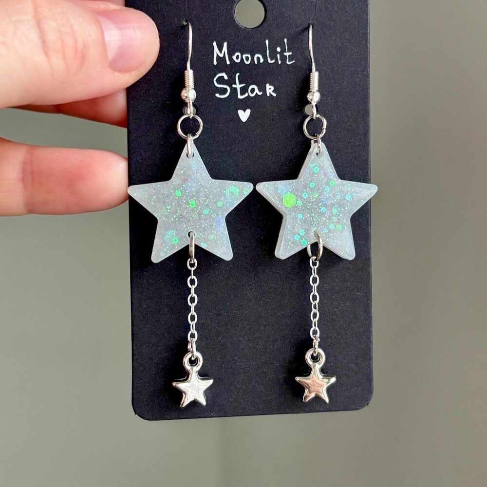 Glitter Star Resin Dangle Earrings with Silver Star Charms